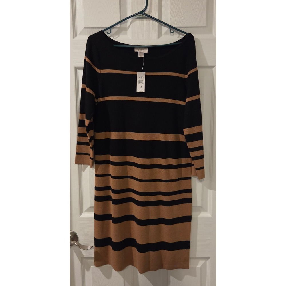 LOFT Wool Blend Striped Sweater Dress M Black Camel Knee‎ Length NWT Soft Cozy